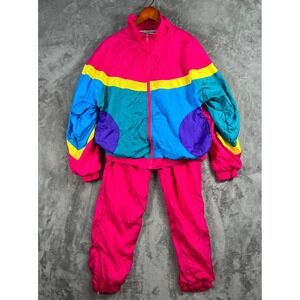 Vintage 80s Neon Rainbow Tracksuit Womens Medium Pink Colorblock Windbreaker